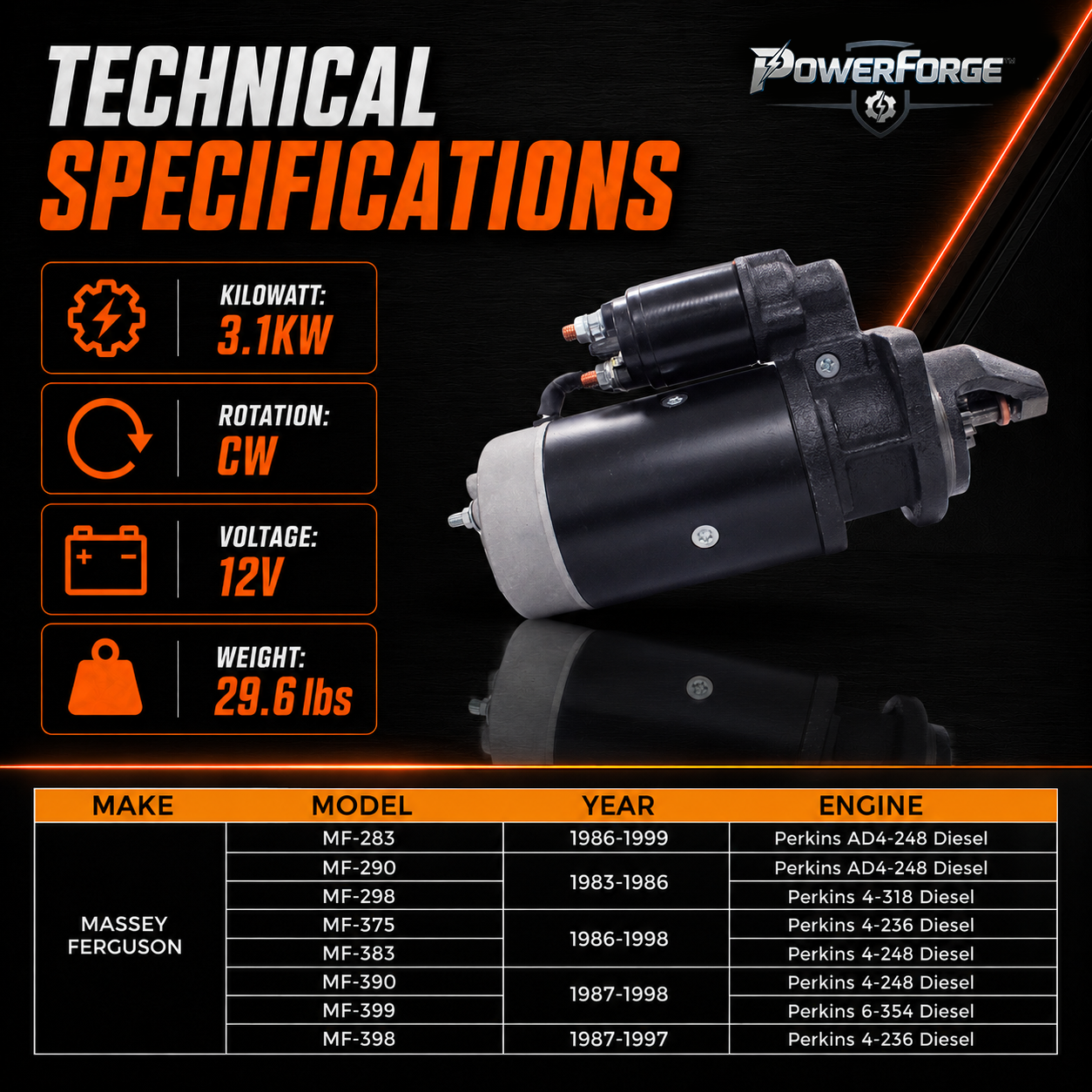 12V 3kW Anlasser passend für Massey Ferguson MF-399, MF-290, MF-375 (1983-1999)