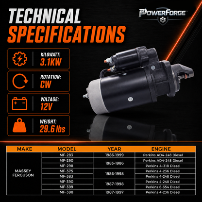 12V 3kW Anlasser passend für Massey Ferguson MF-399, MF-290, MF-375 (1983-1999)