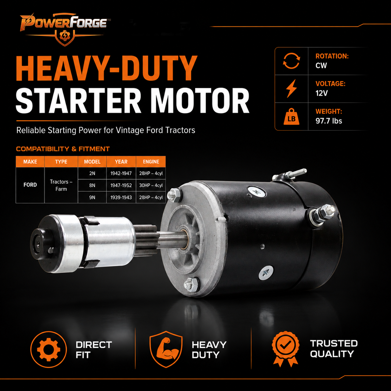 12V Starter Motor fits Ford 8N, 9N, 2N (1939-1952)