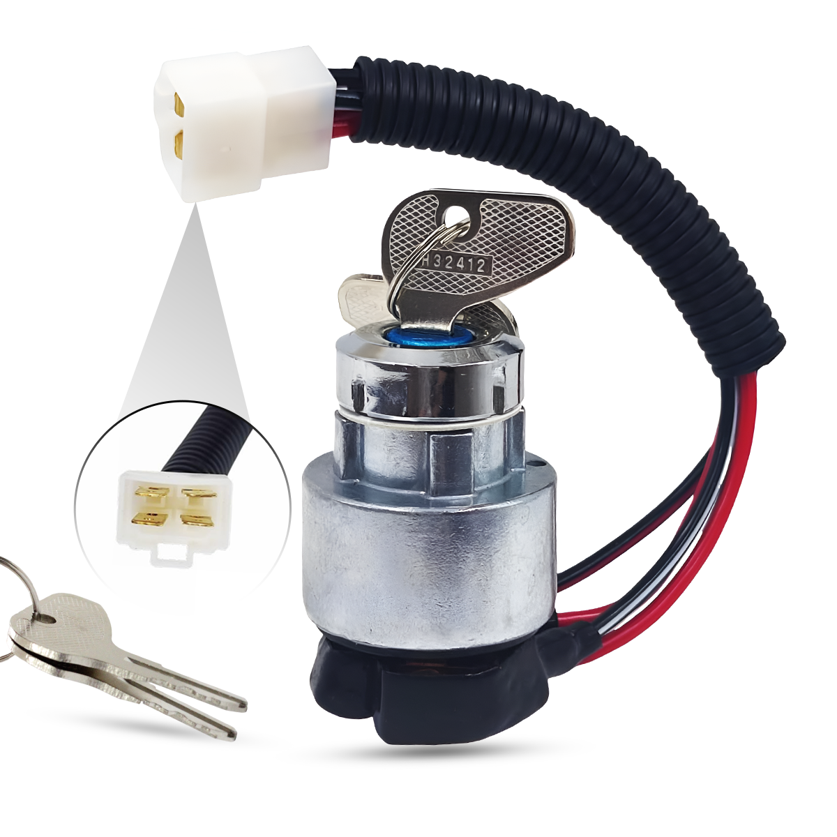 Ignition key switch for Kubota L2501, L2600, L2800 tractors with wiring and keys