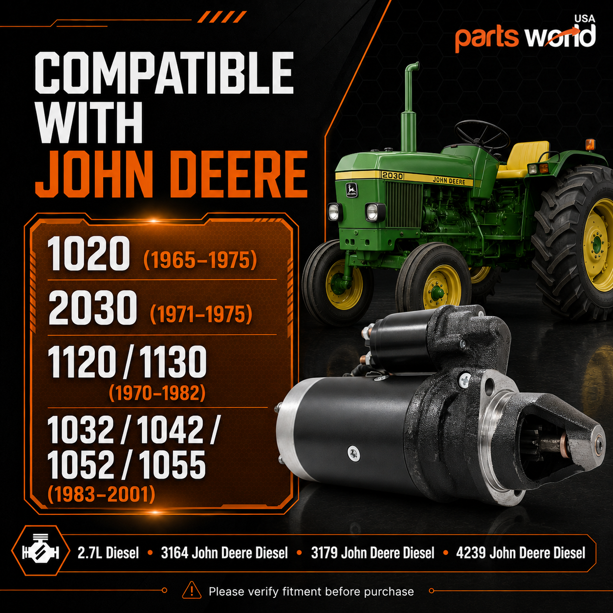12V 3kW Starter fits John Deere 1020(1965-1973), 1030(1970-1982)