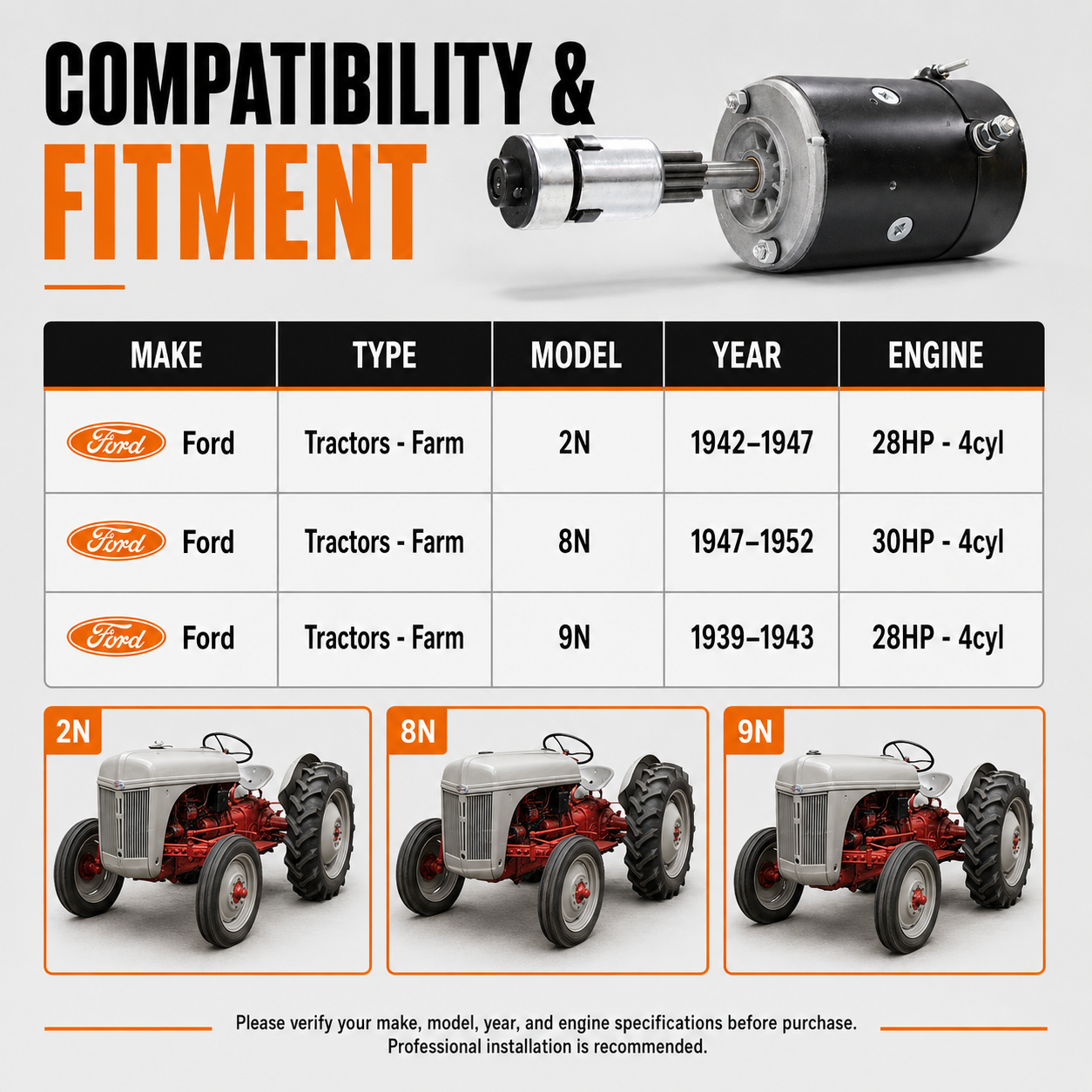 12V Starter Motor fits Ford 8N, 9N, 2N (1939-1952)