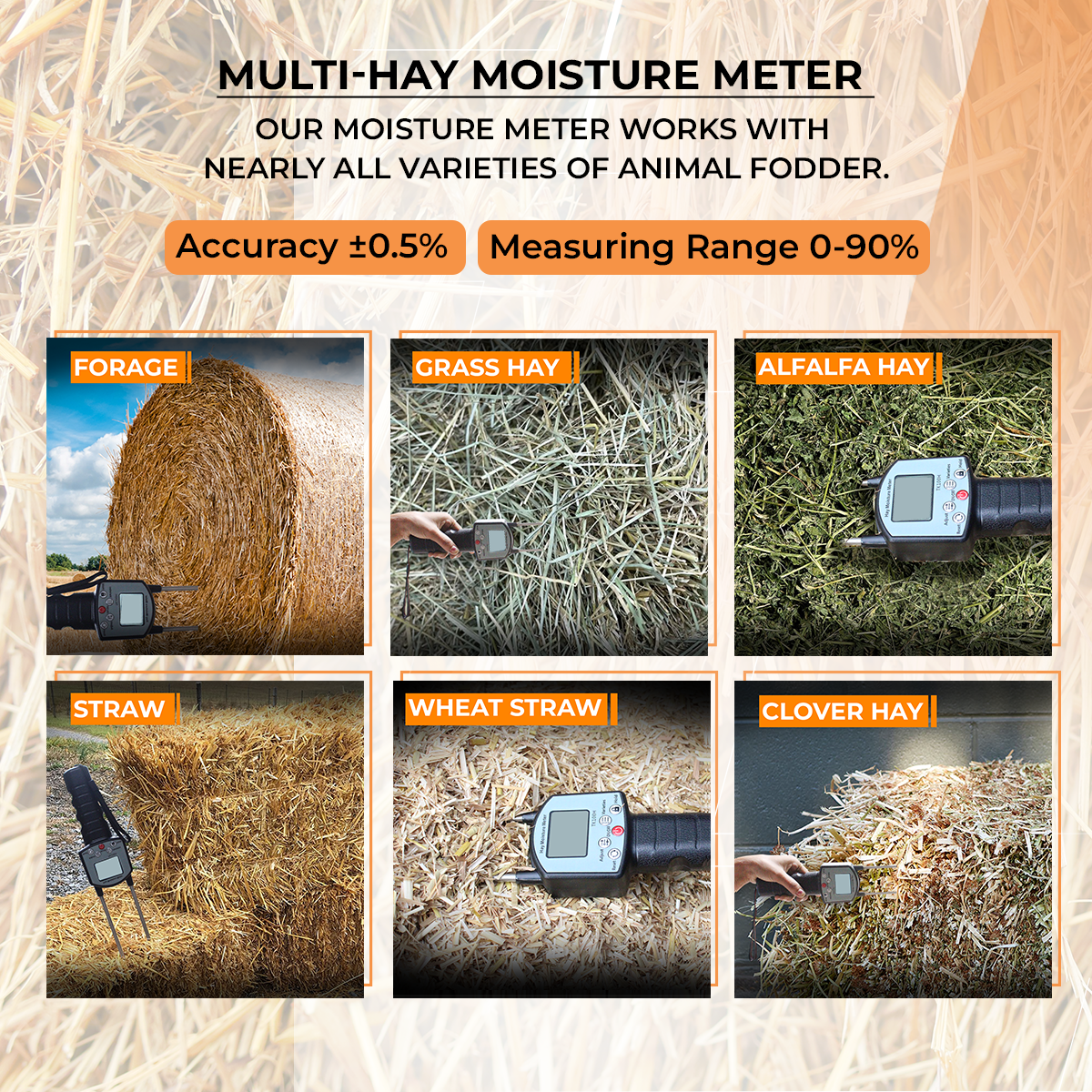 TrueMoist hay moisture meter used in field on fresh hay bales for accurate readings