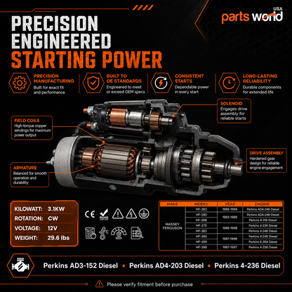 12V 3kW Anlasser passend für Massey Ferguson MF-399, MF-290, MF-375 (1983-1999)