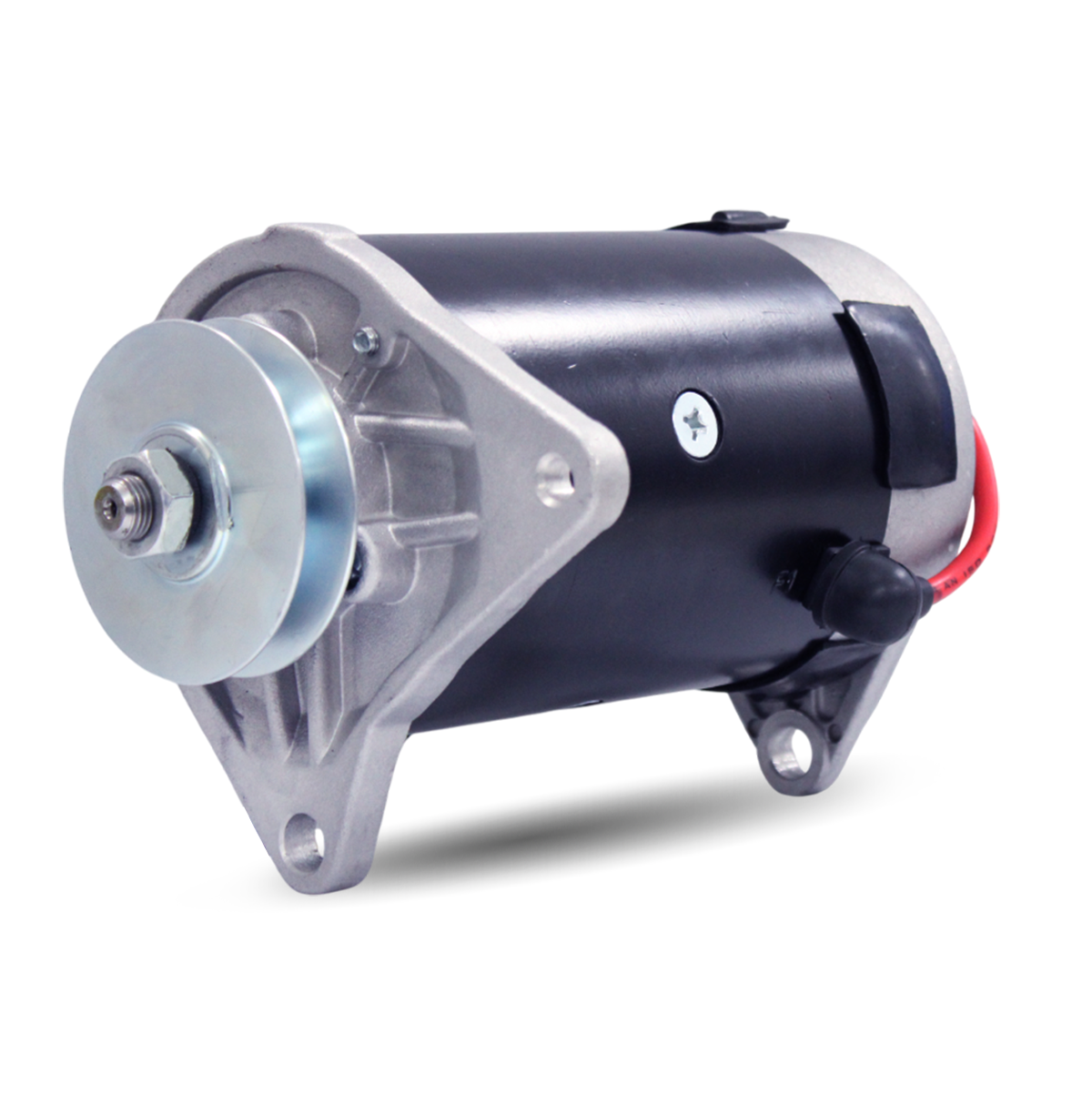 12V 23A starter generator for Yamaha G2 to G14 golf carts – angled main view showing shaft and mounting plate