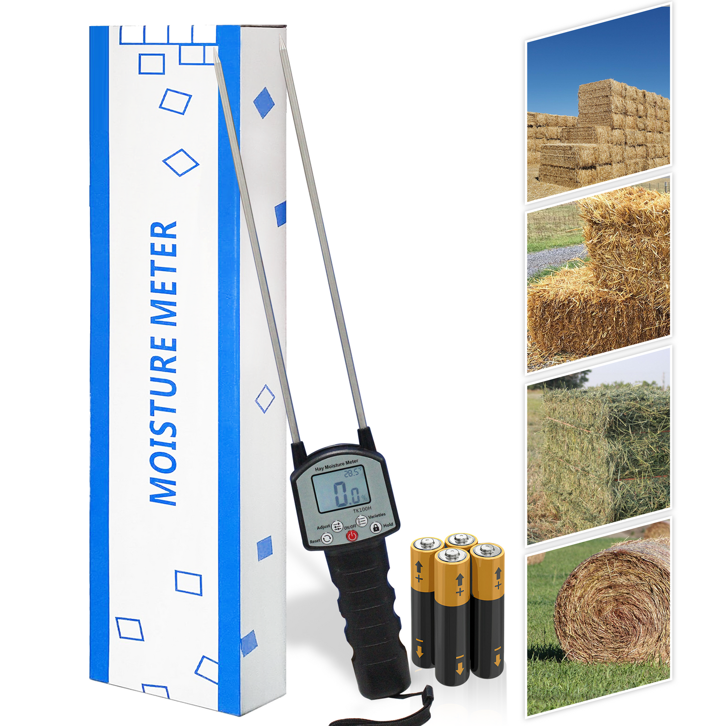 TrueMoist hay moisture meter with digital probe – functional diagram and layout