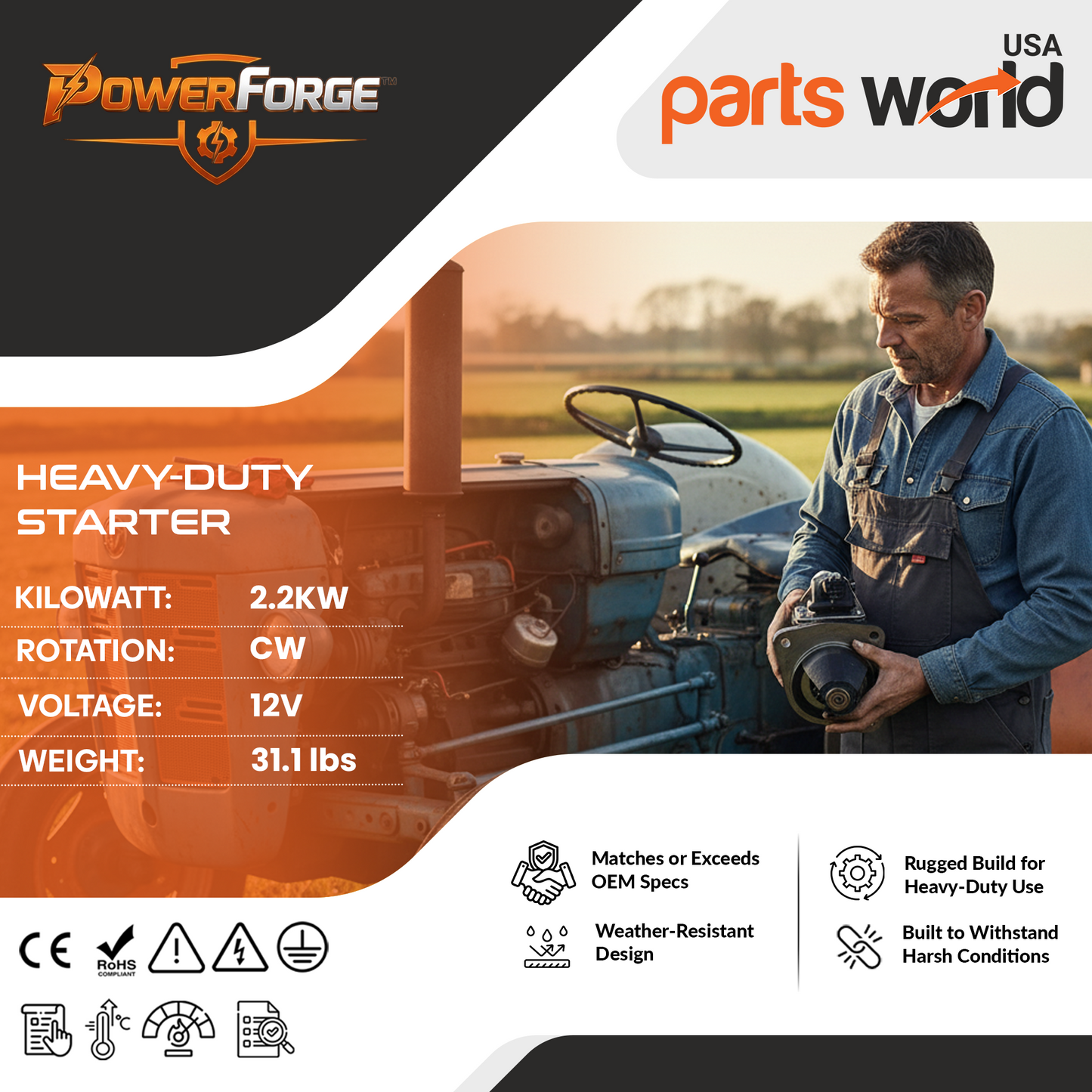 12V 3kW Anlasser passend für Massey Ferguson MF-399, MF-290, MF-375 (1983-1999)