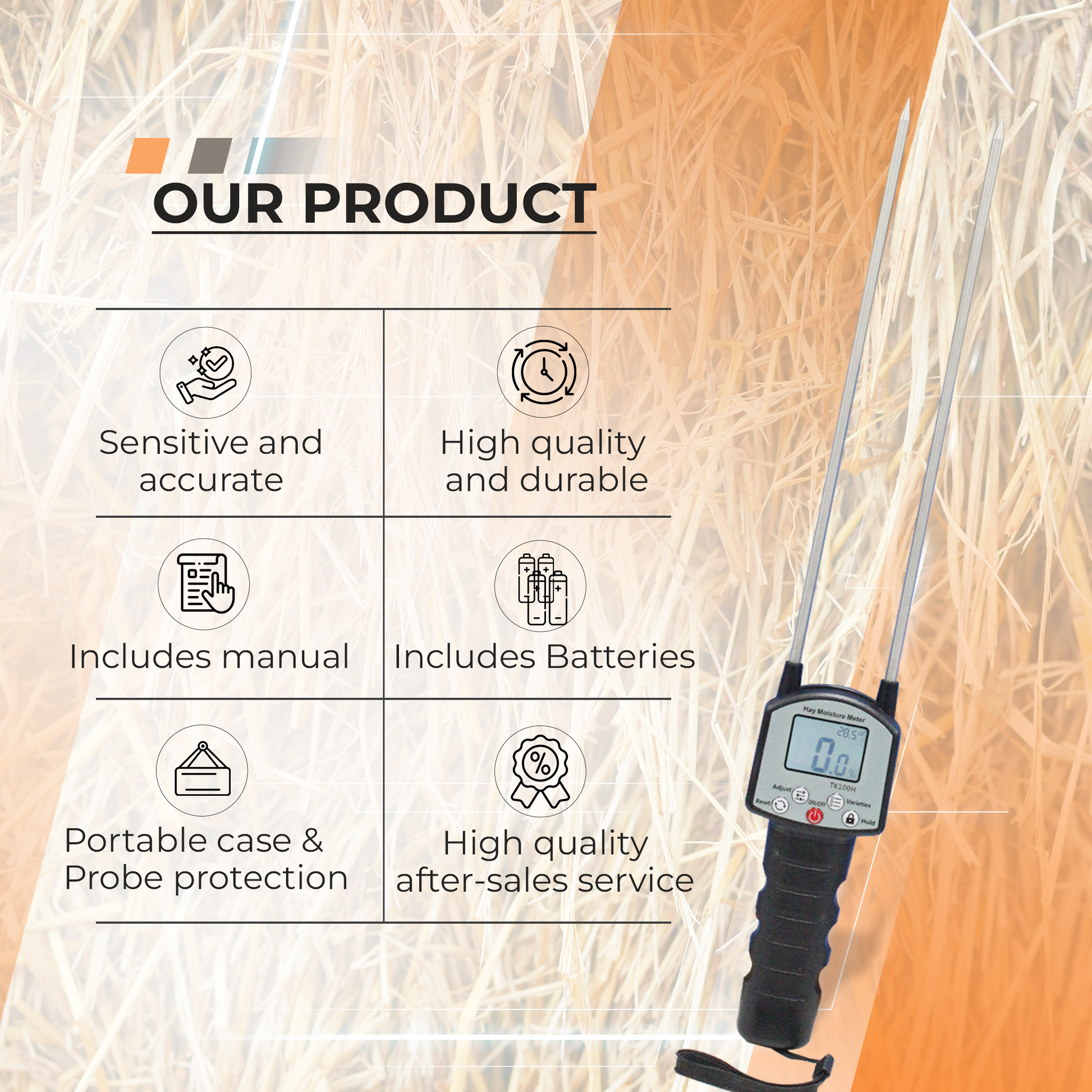 TrueMoist hay moisture tester marketing flyer with key features and specifications