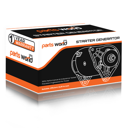 12V 25A starter generator shown with Parts World USA branded box packaging having 1 year of warrenty