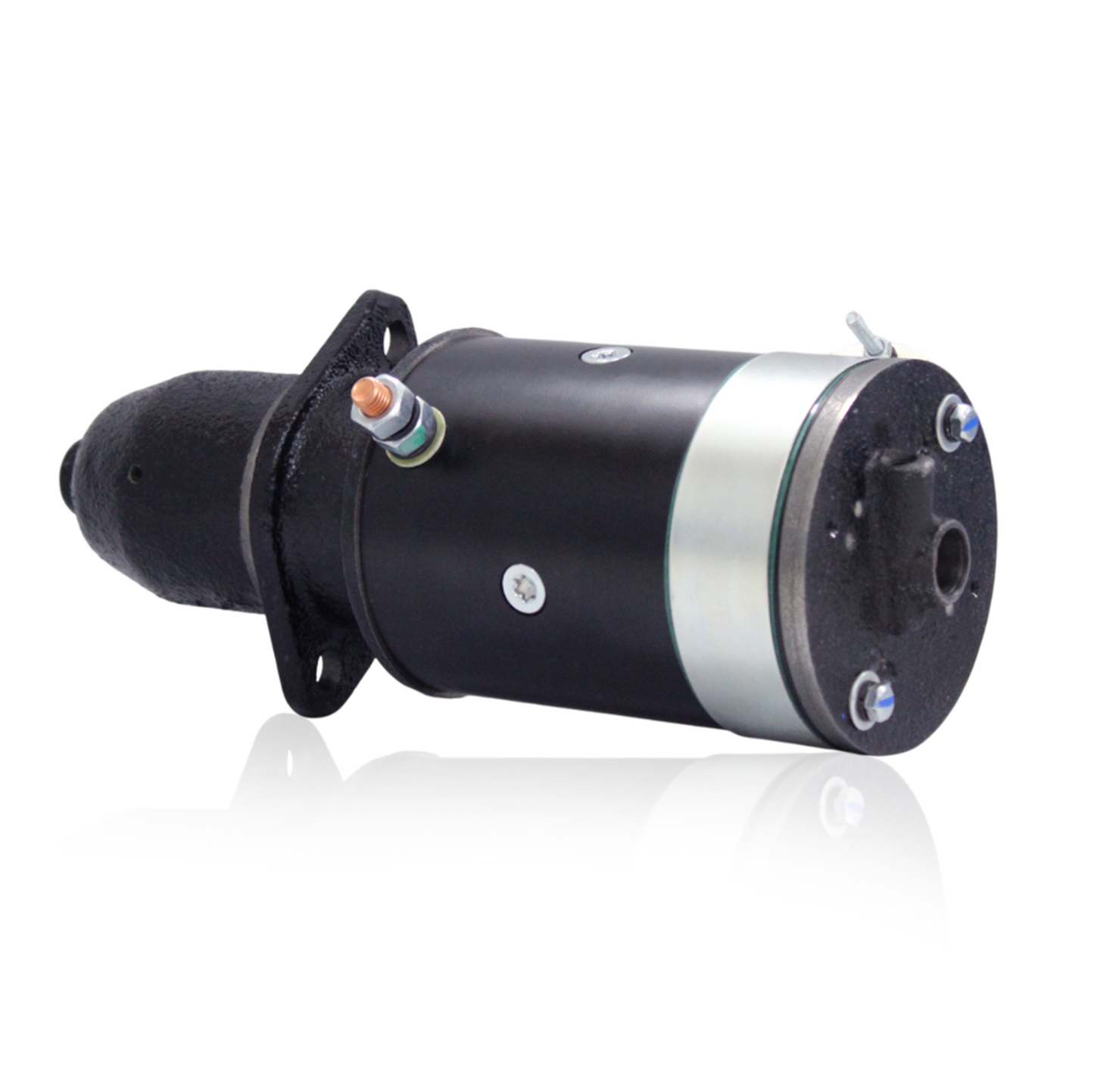  Close-up side profile of 12V starter motor for Farmall series tractors
