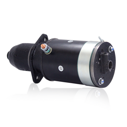  Close-up side profile of 12V starter motor for Farmall series tractors
