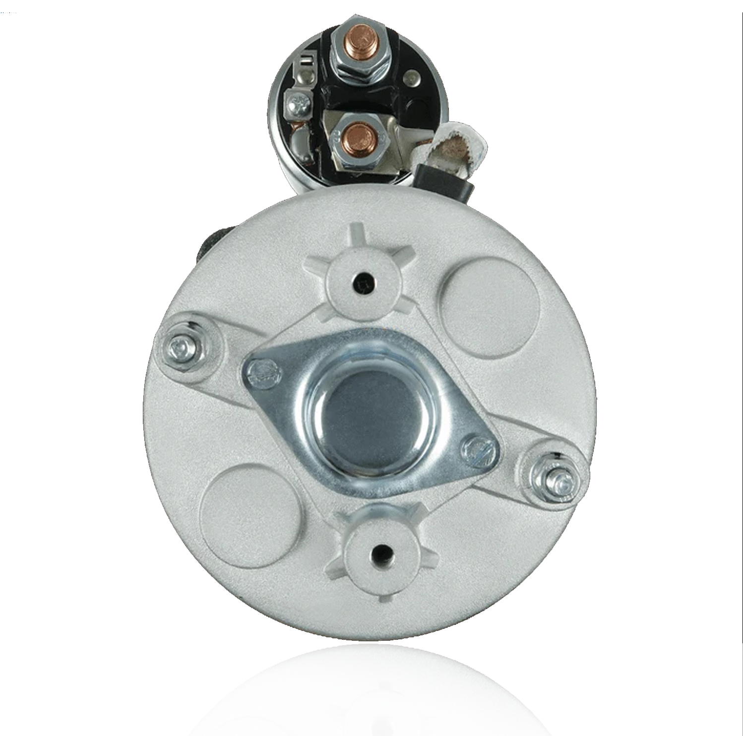 Mounting end view of 12V starter motor compatible with Ford 575E and New Holland 3430
