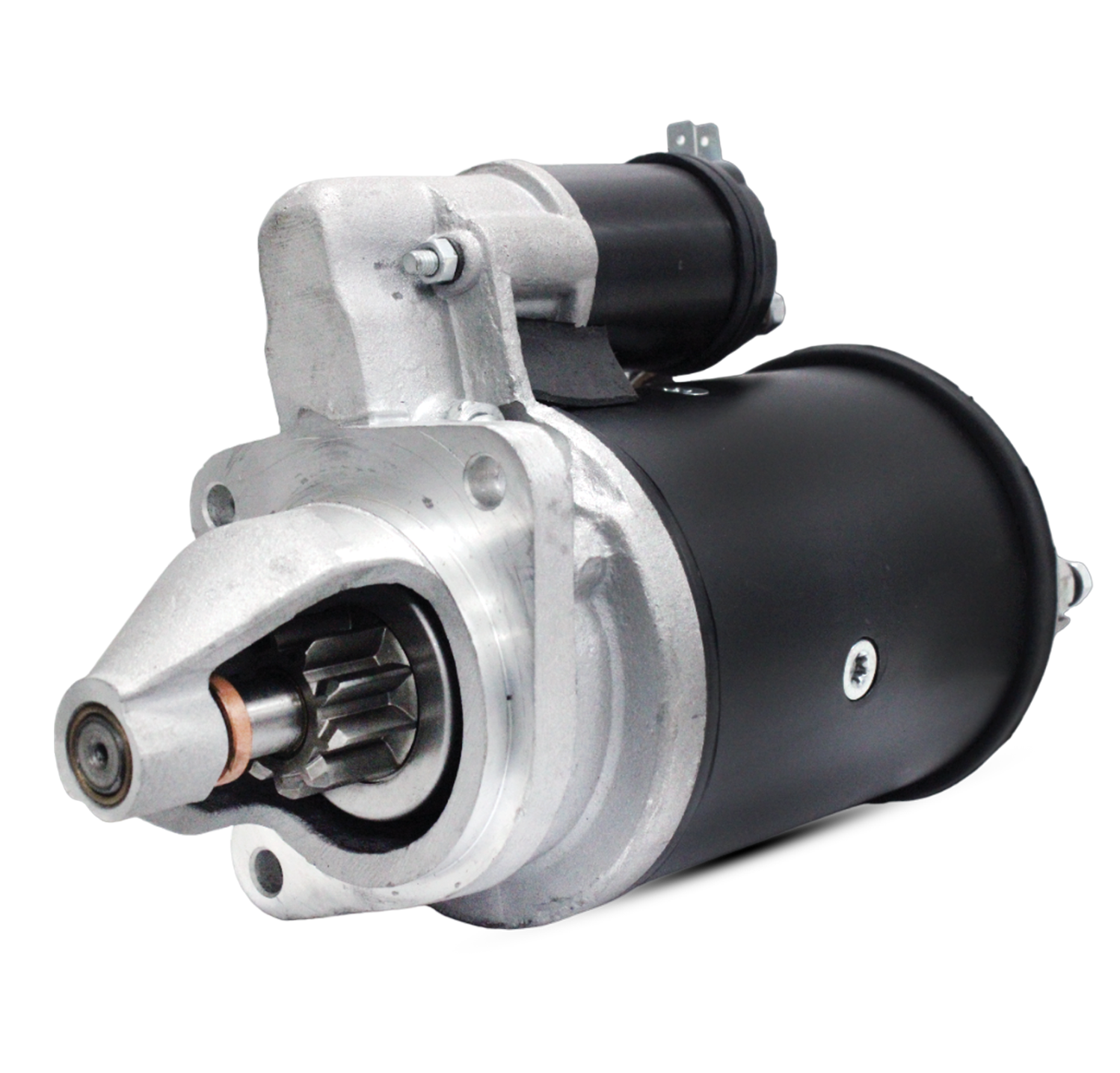  Angled view of starter motor compatible with Massey Ferguson MF-4233, MF-4270 tractors
