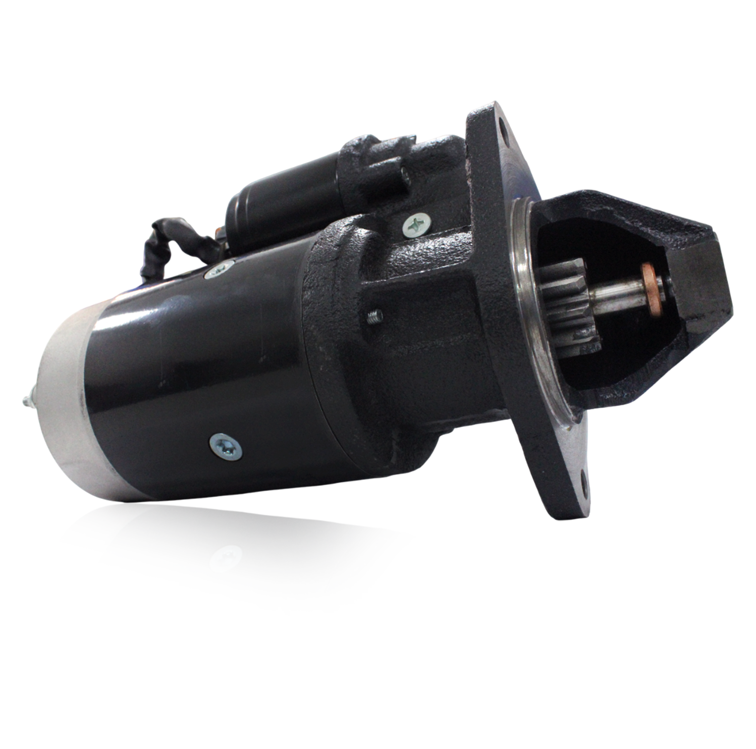 Angled side view of starter motor compatible with Ford and New Holland agricultural tractors
