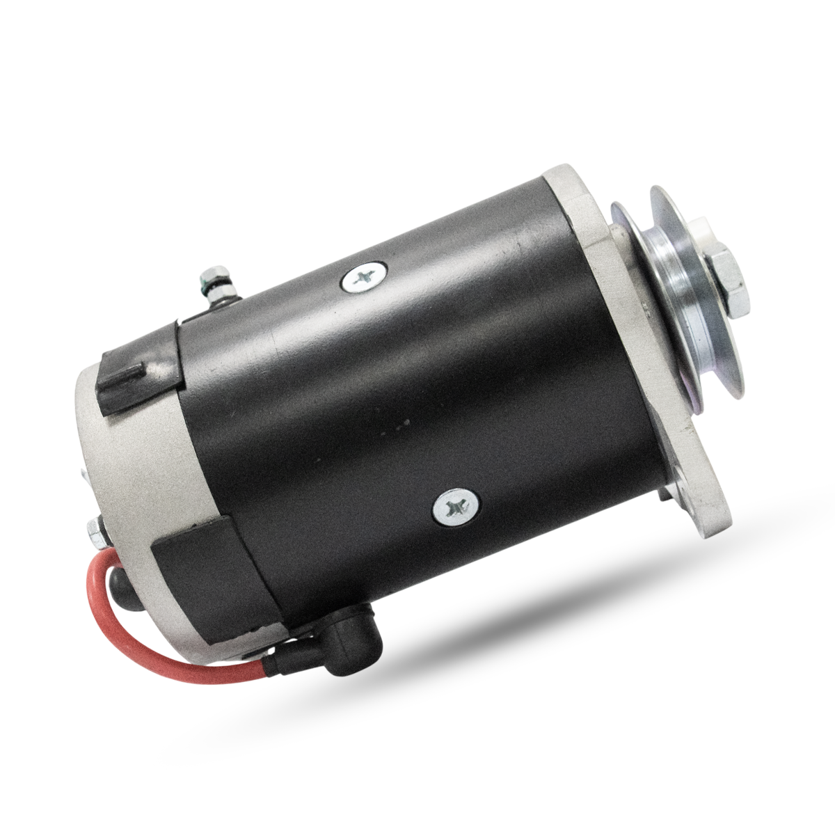 Side view of starter generator showing product label and support bracket