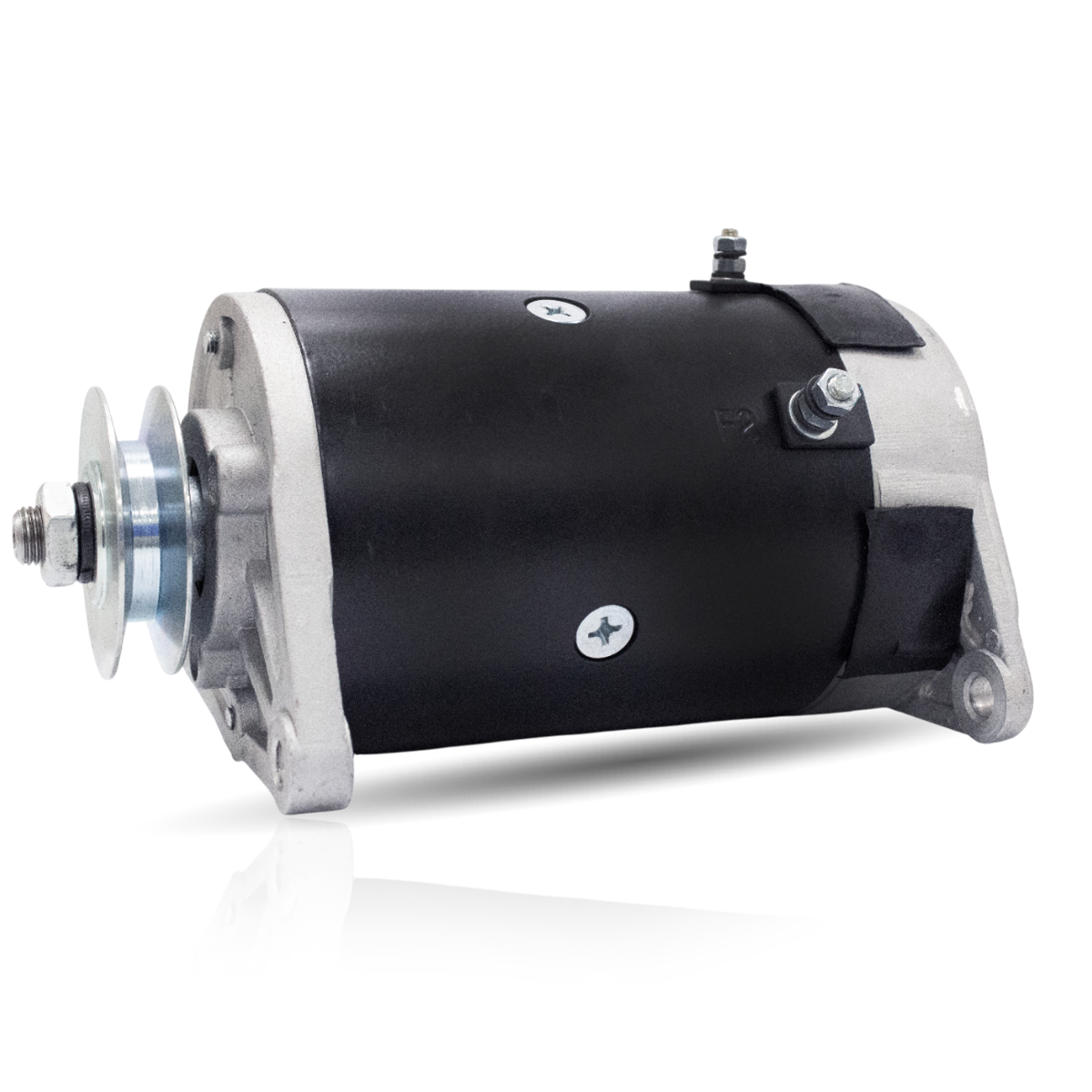 Side view of EZ-GO starter generator with label and mount bracket detail