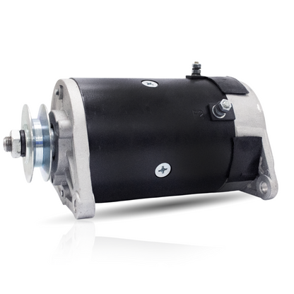 Side view of EZ-GO starter generator with label and mount bracket detail