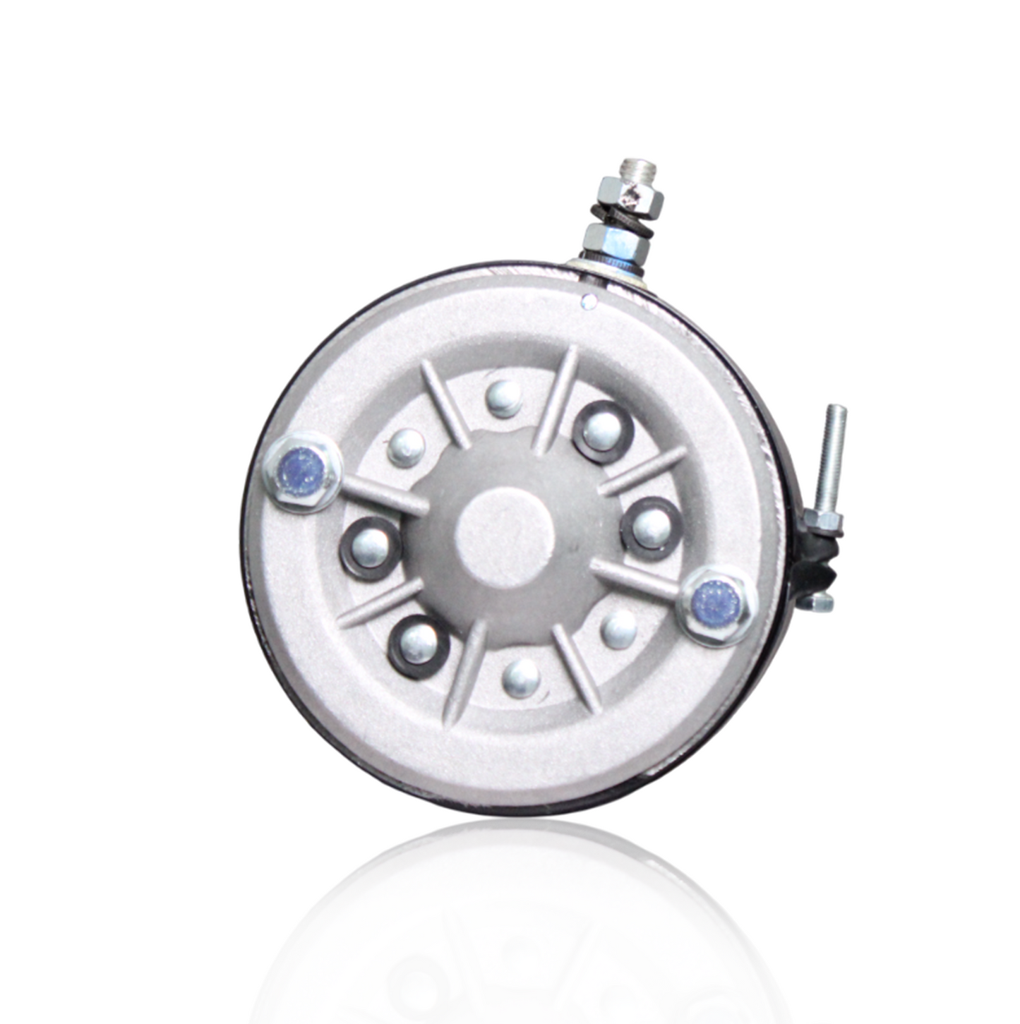 Close-up of 6V starter motor fitment end for flywheel housing on Ford tractors
