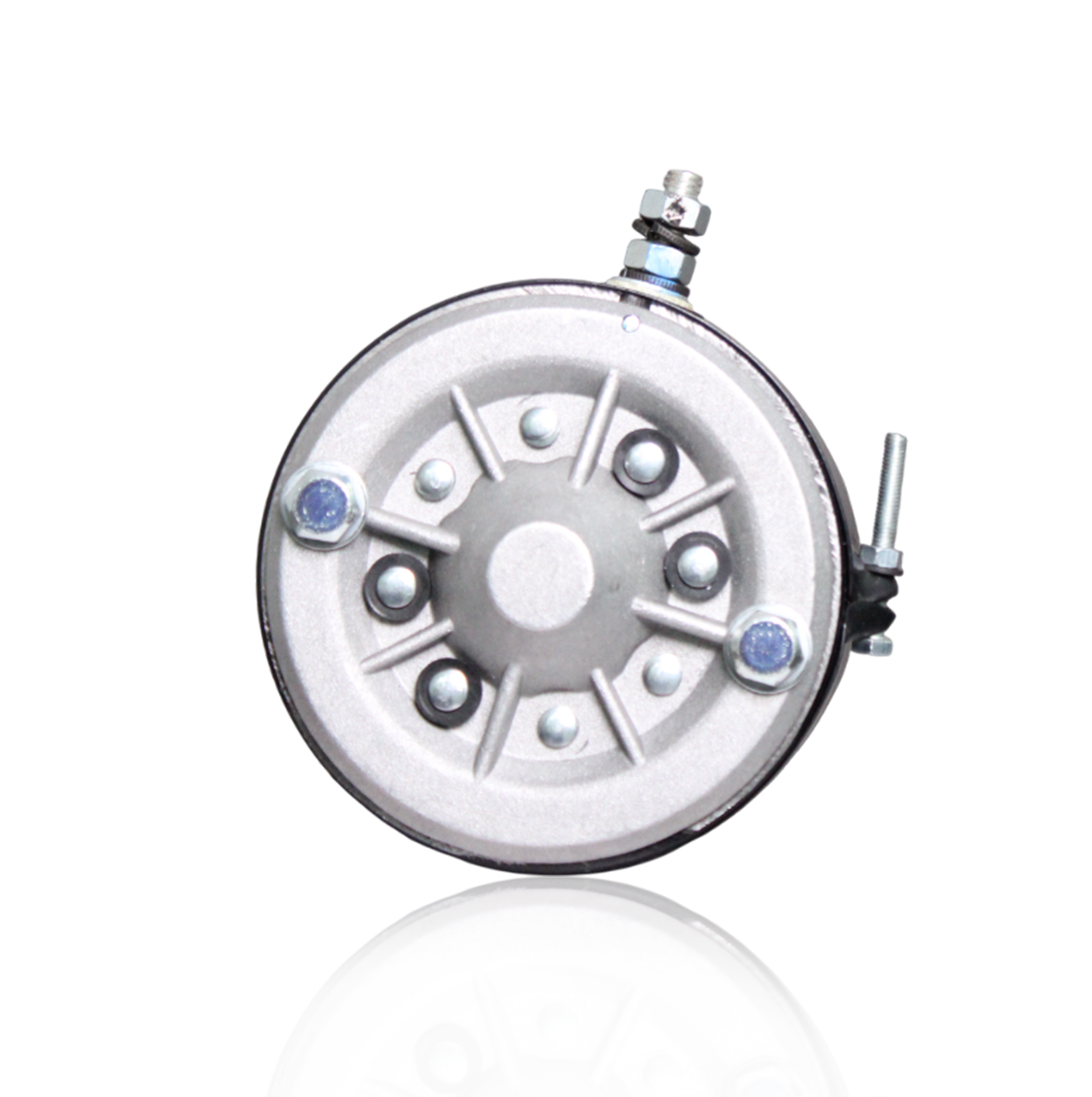 Close-up of 6V starter motor fitment end for flywheel housing on Ford tractors
