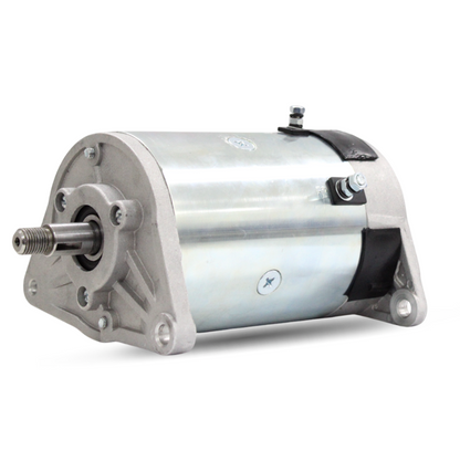 Flat side view of Club Car starter generator showing compact design and silver body