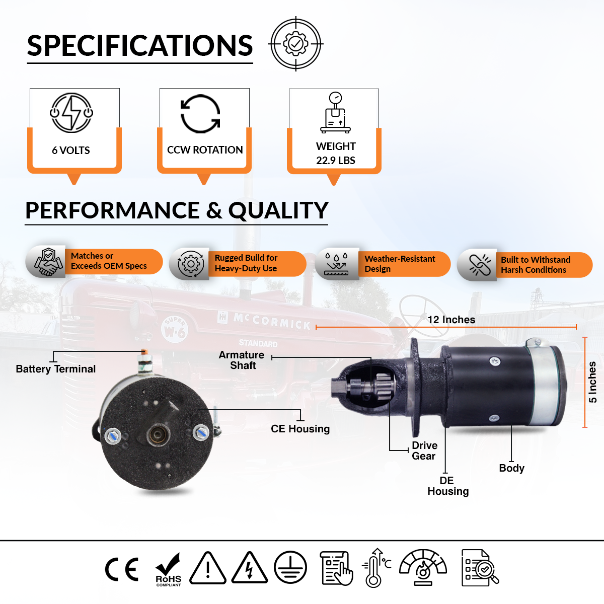 12V starter motor compatibility chart with warranty details – Farmall H M MTA