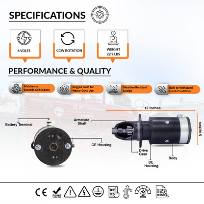 12V starter motor compatibility chart with warranty details – Farmall H M MTA