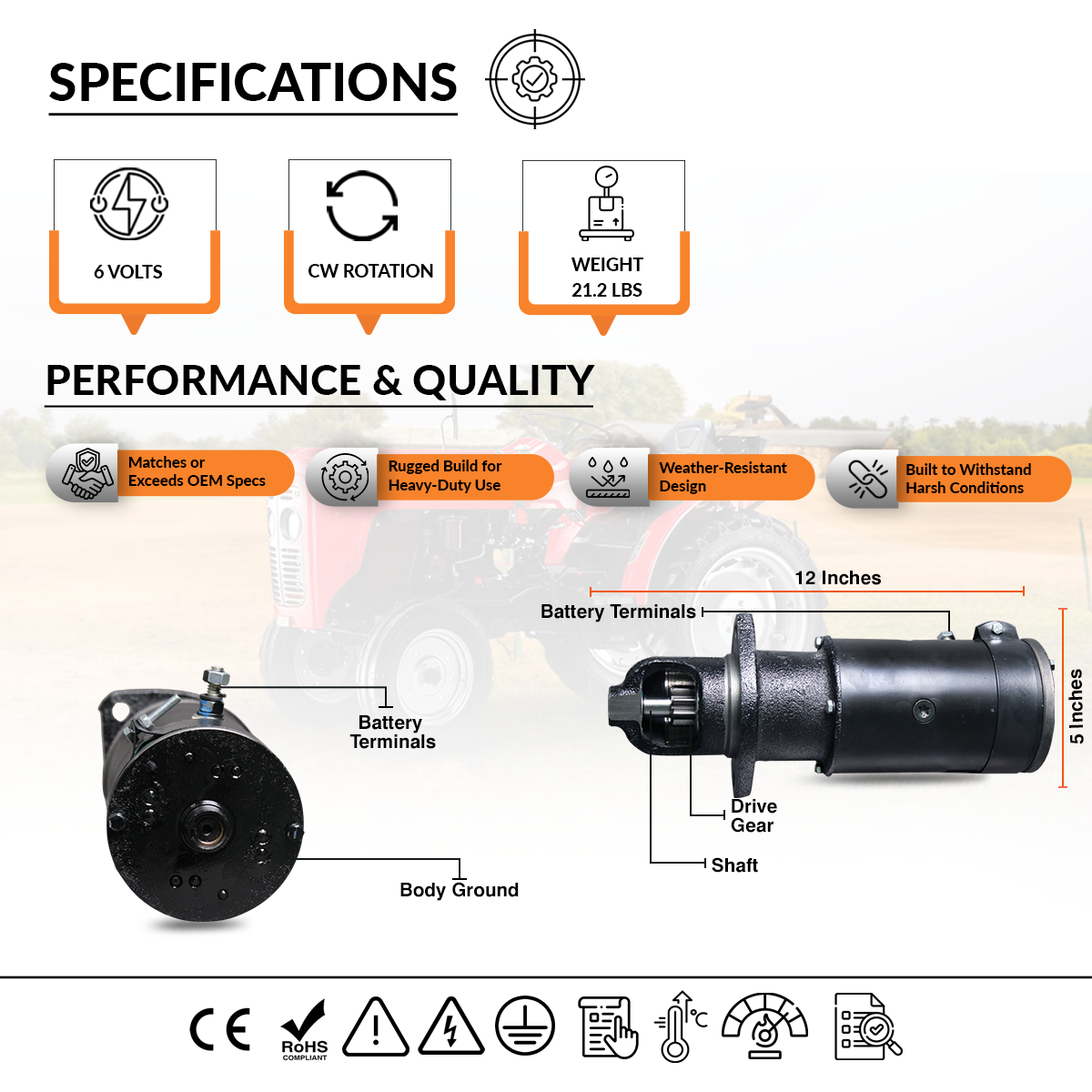 Compatibility chart showing OEM part numbers and specs for 6V starter motor
