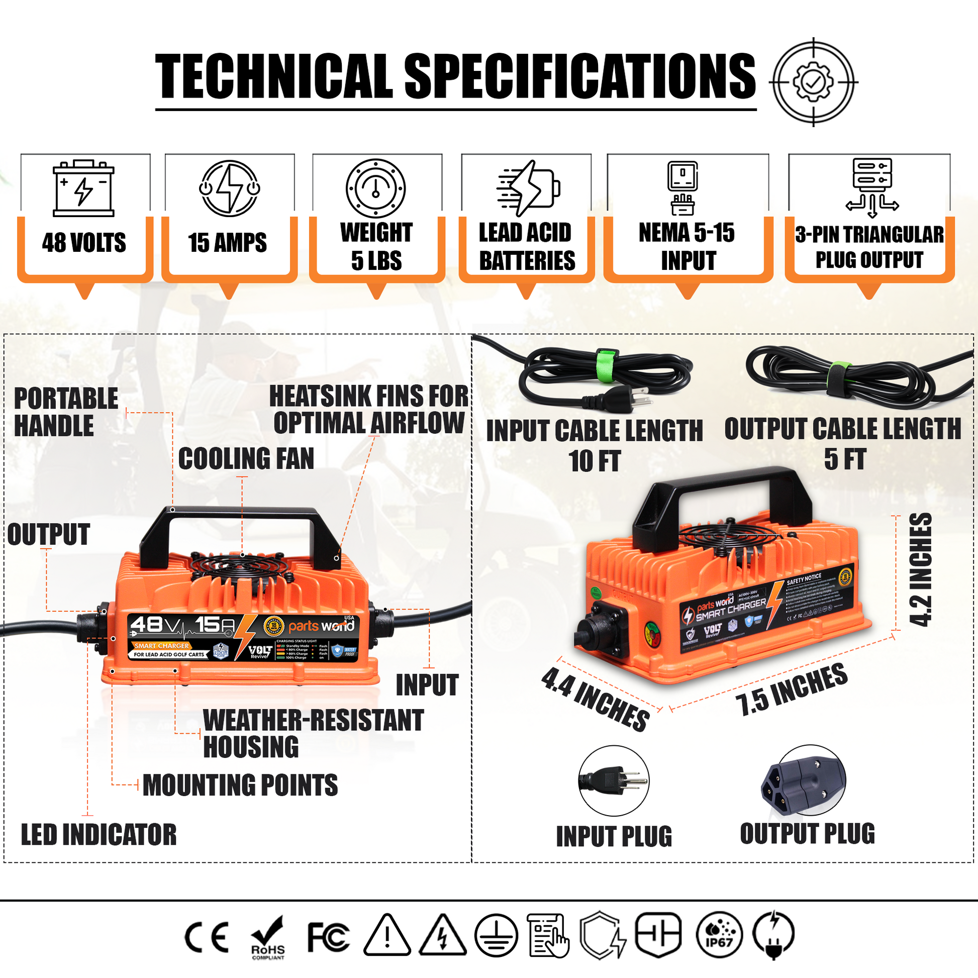 Lightweight 48V Golf Cart Charger 80 Percent Lighter Than OEM Replacement