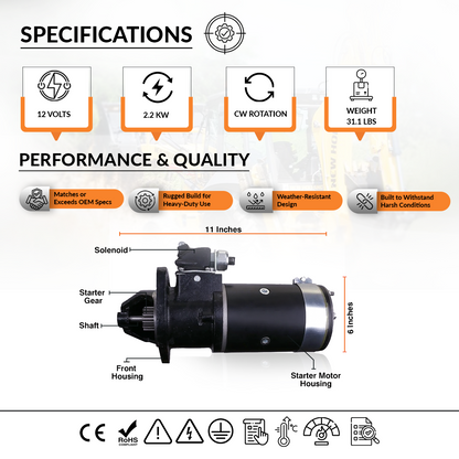 12V 2.2kW Starter fits Fordson Dexta 1957-1961, Super Dexta 1962-1964