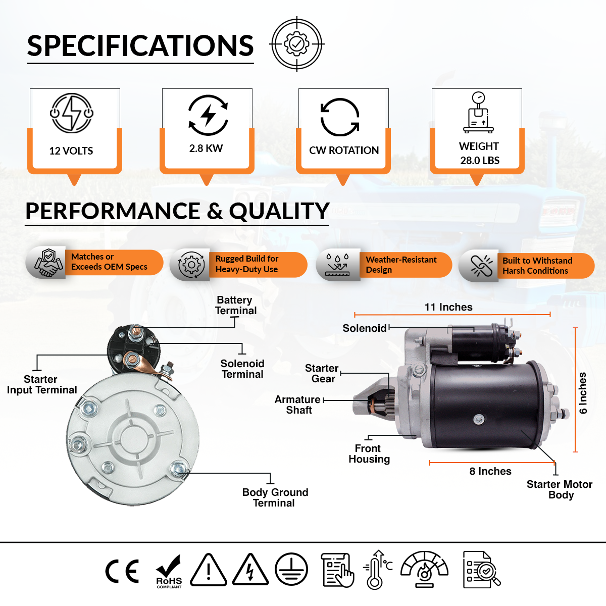 Fitment chart showing compatibility of starter motor with Massey Ferguson tractors
