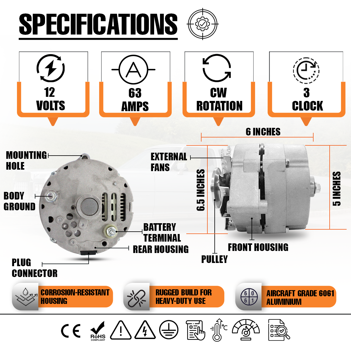 12V 63A Alternator fits CASE 453, 615, 715 (1973-1976) Buick, GMC