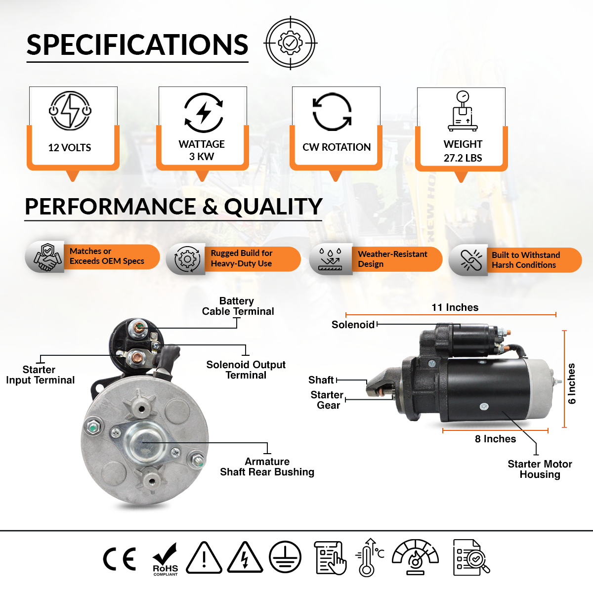 12V 3kW Starter fits Massey Ferguson MF-399, MF-290, MF-375 (1983-1999)