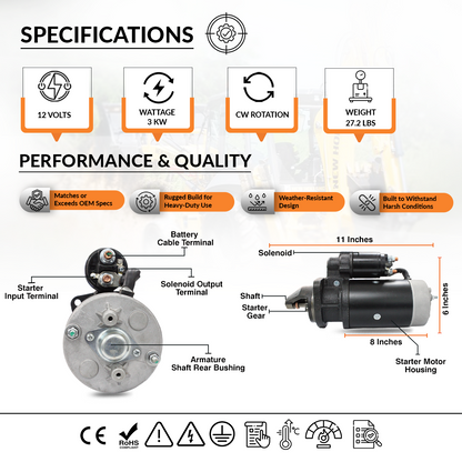 12V 3kW Starter fits Massey Ferguson MF-399, MF-290, MF-375 (1983-1999)