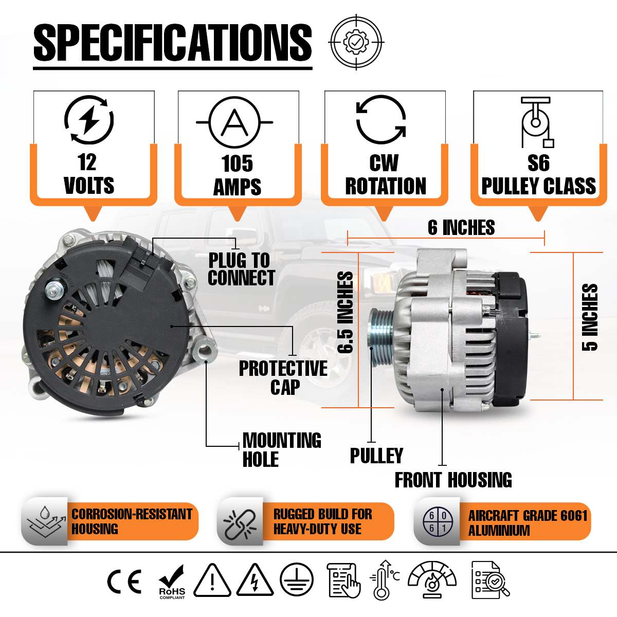 12V 105A Alternator fits 8247N Chevy C Truck Silverado 1500 2500 3500