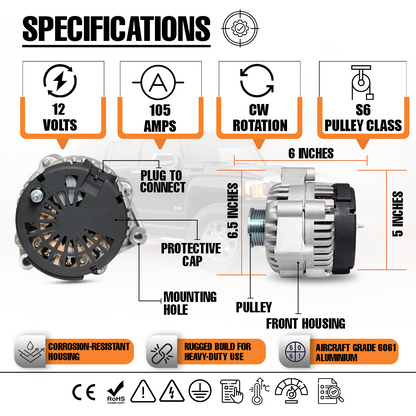 12V 105A Alternator fits 8247N Chevy C Truck Silverado 1500 2500 3500