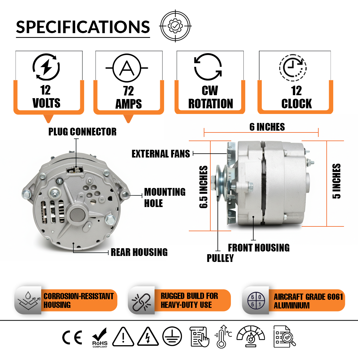 12V 72A Alternator fits Allis Chalmers 7000 7010, FORD 296C (1985-1992)