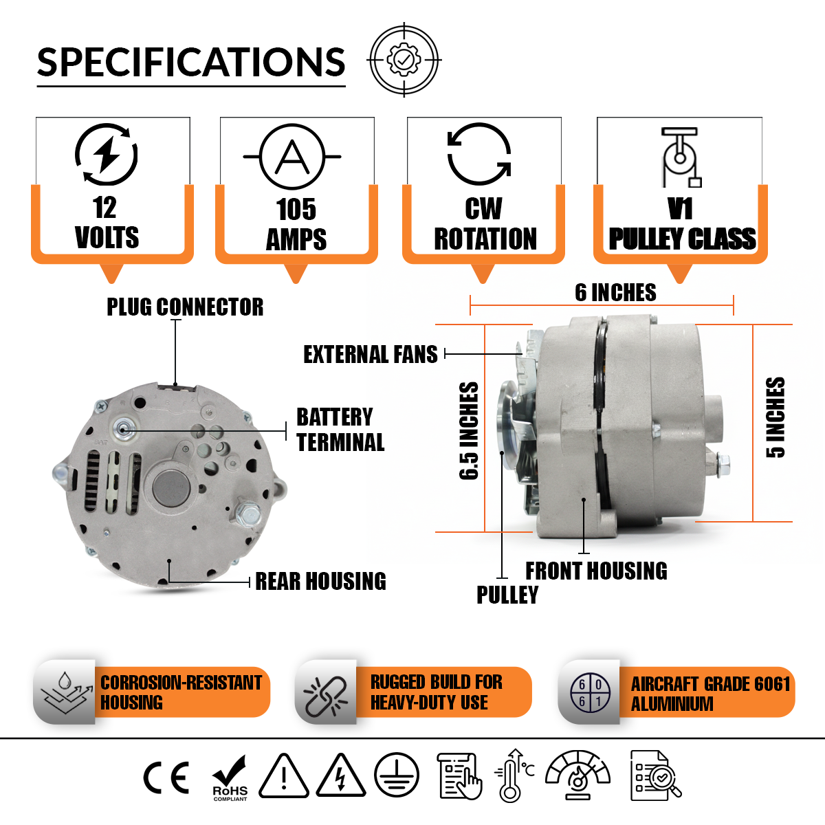 12V 105A Alternator fits Chevy GMC ADR 0151, 7127 SEN, 7127-SEN-100A1G