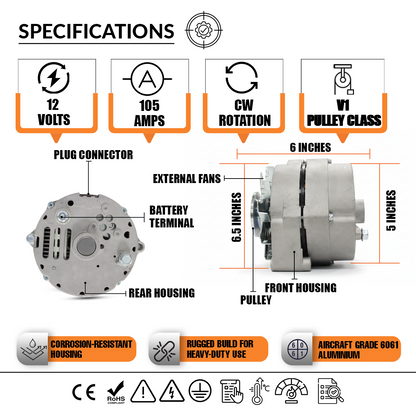 12V 105A Alternator fits Chevy GMC ADR 0151, 7127 SEN, 7127-SEN-100A1G