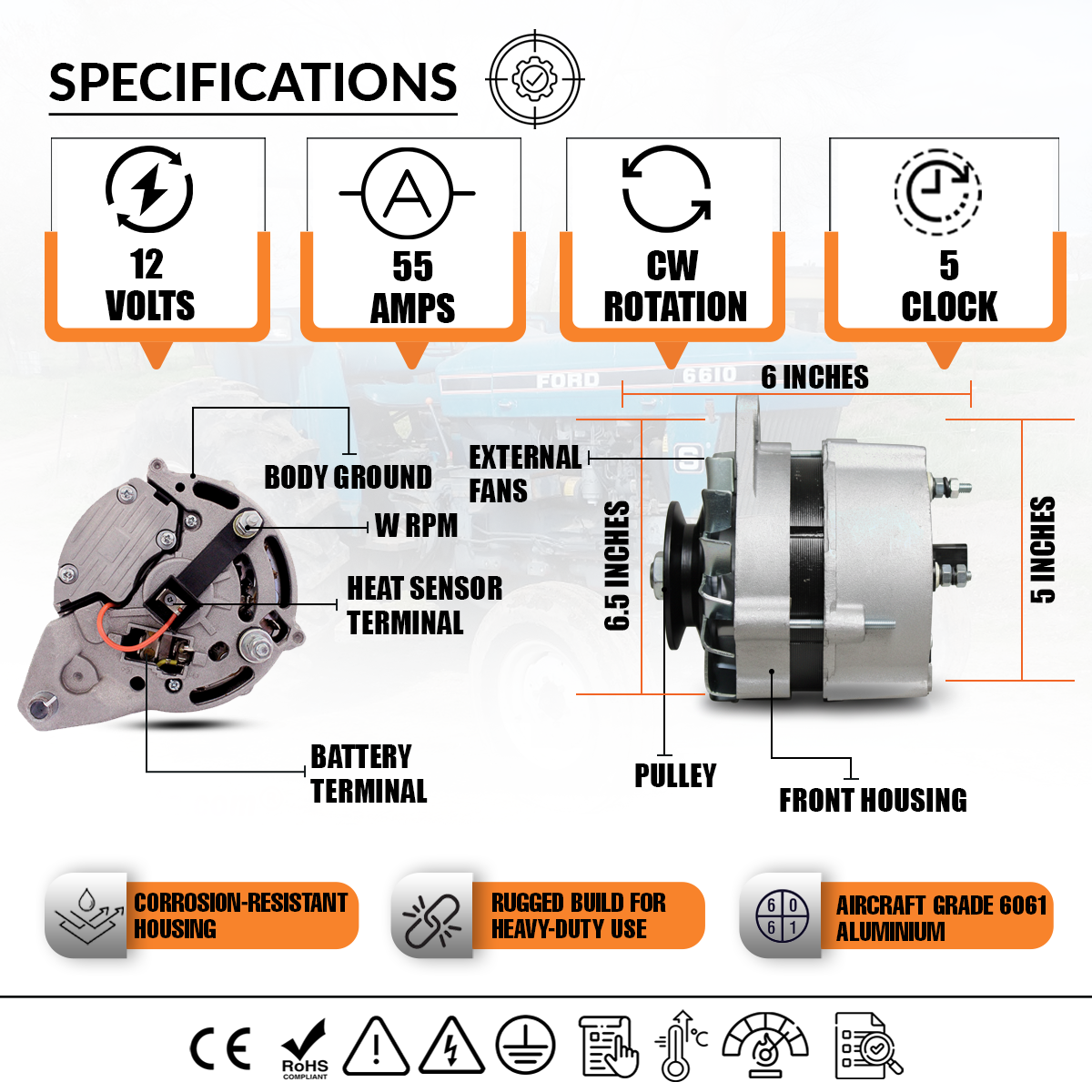 12V 55A Alternator fits Ford 455C 555C 655C(1989-1992) 3230(1990-1993)
