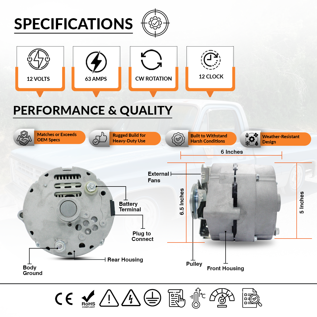 12V 63A Alternator fits GMC C15 Chevrolet C20 Buick Apollo (1973-1975)