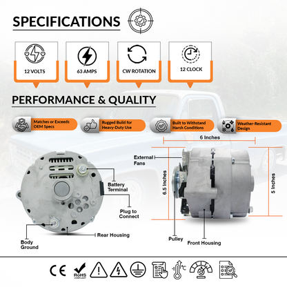 12V 63A Alternator fits GMC C15 Chevrolet C20 Buick Apollo (1973-1975)