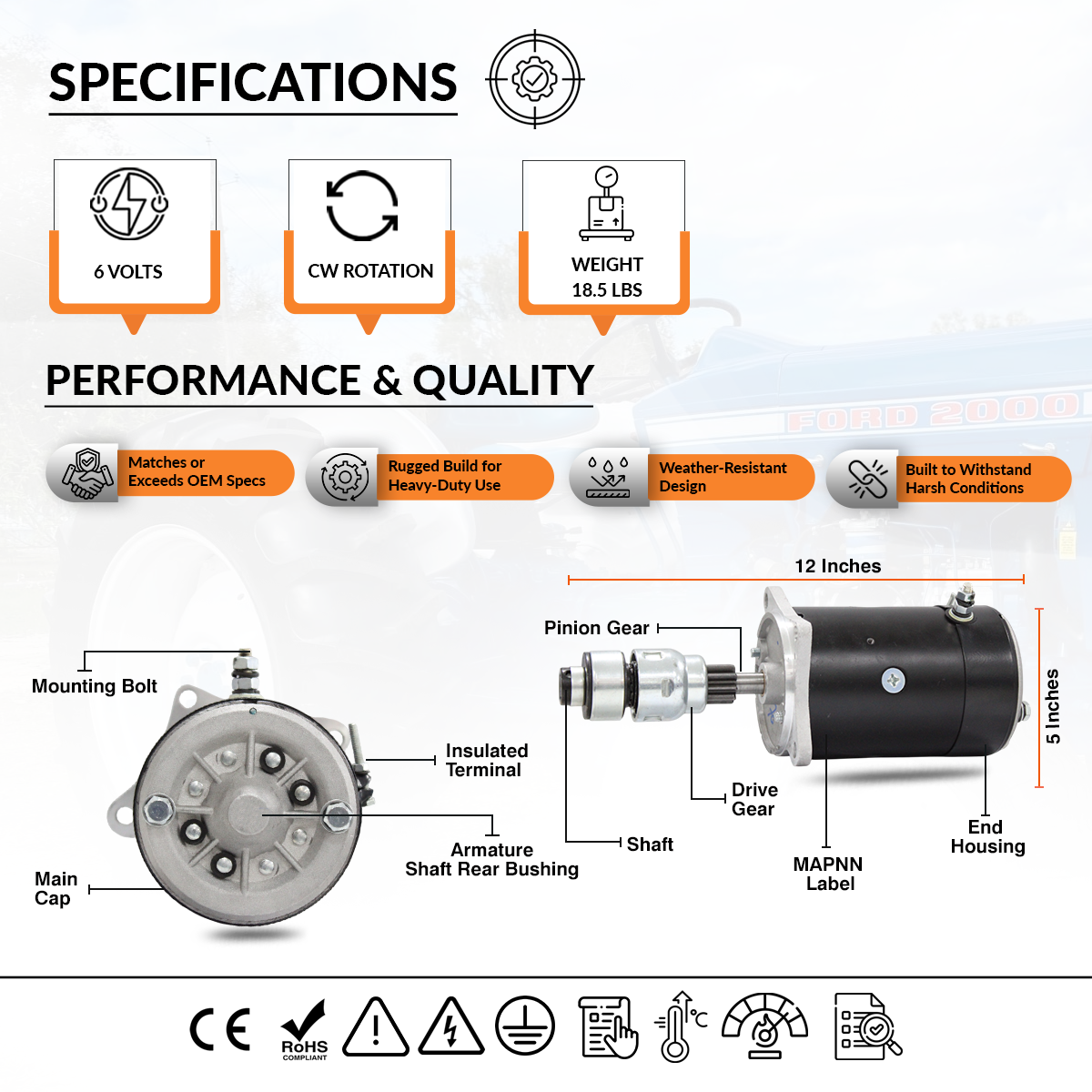 6V Starter Motor fits Ford 2000 (1961-64) New Holland 4030 4031