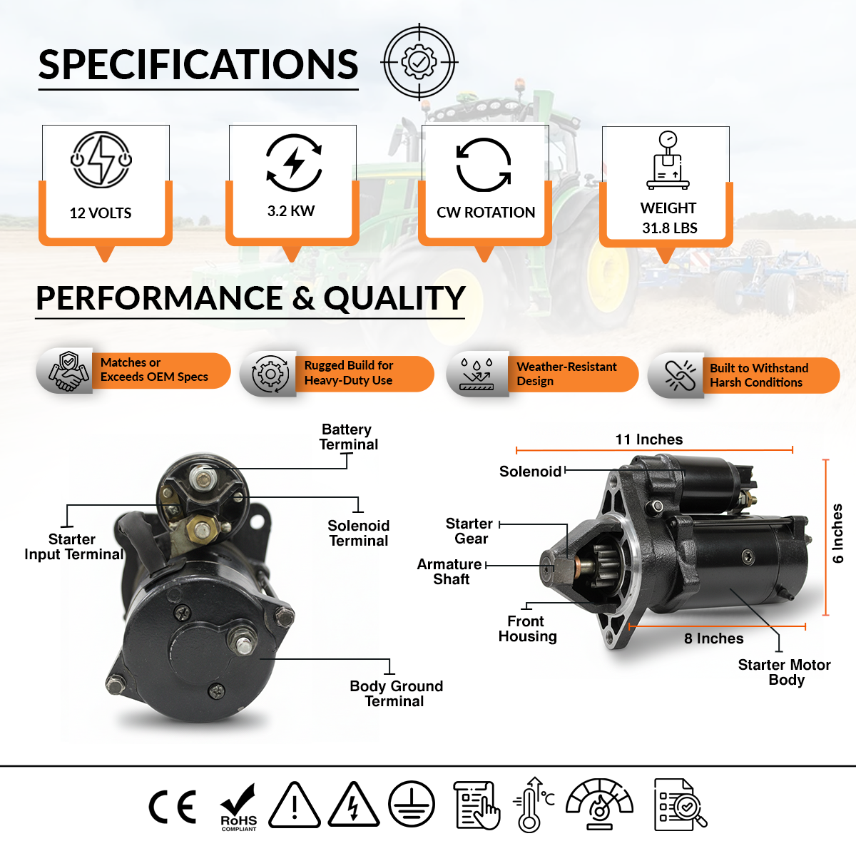 12V 3kW Anlasser passend für Massey Ferguson MF-399, MF-290, MF-375 (1983-1999)