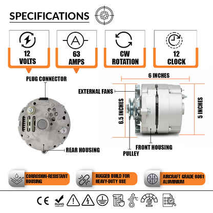 12V 63A Alternator fits 7127-12N CASE 1500 1800 Cruz Crane (1976-1978)