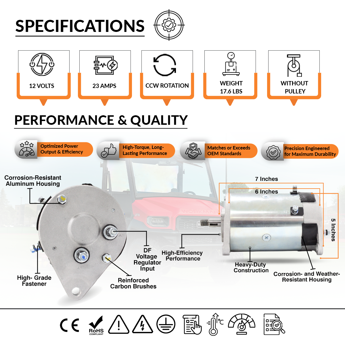 OEM reference and fitment sheet for 12V 23A starter generator compatible with FE290 and FE350 engines