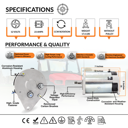 OEM reference and fitment sheet for 12V 23A starter generator compatible with FE290 and FE350 engines