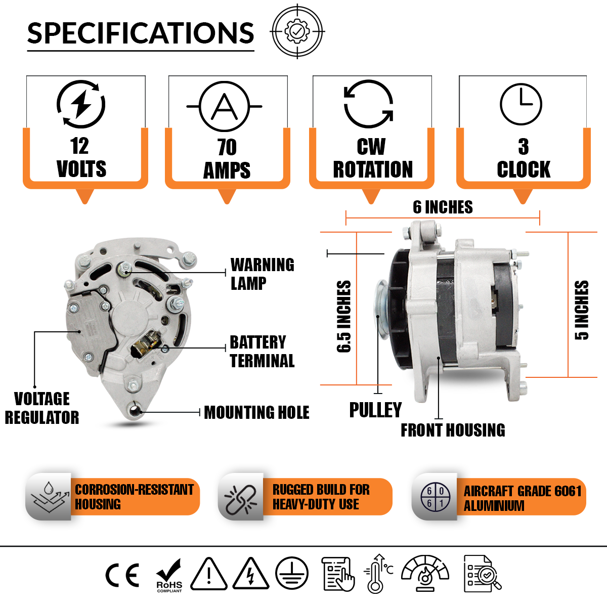 12V 70A Universal Marine Alternator fits Various Boats, Prestolite