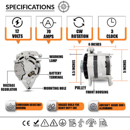 12V 70A Universal Marine Alternator fits Various Boats, Prestolite