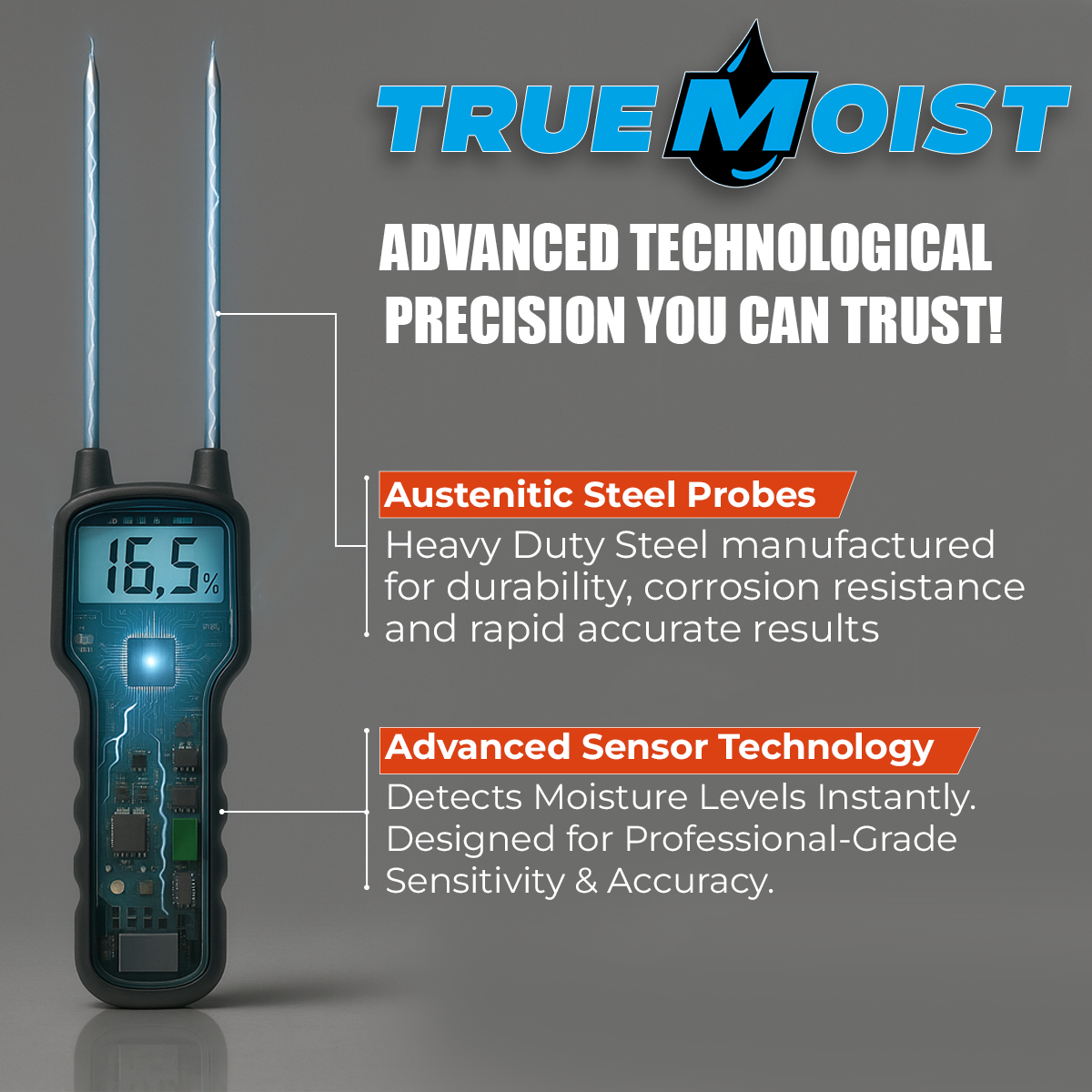 Close-up of TrueMoist digital hay moisture tester with LCD screen and readings