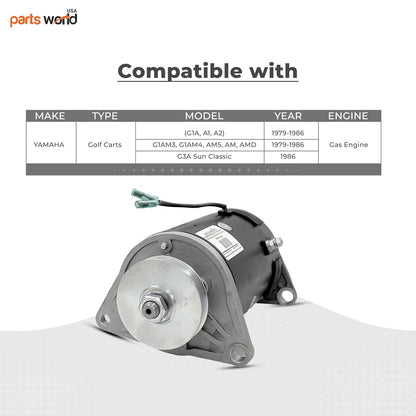 Side angle view of Yamaha golf cart starter generator with compact design